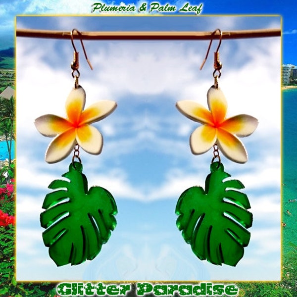 Plumeria & Palm Leaf - Boucles d'oreilles - Monstera - Tropical - Bijoux d'été - Aloha - Wahine - Bijoux Hula Girl - Glitter Paradise®