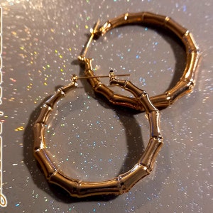 K&ouml;nnte beinhalten: Ein Paar goldfarbene Creolen mit einer strukturierten Bambus-Optik. Die Ohrringe haben eine kreisf&ouml;rmige Form mit einem segmentierten Aussehen, das an Bambusstangen erinnert. Der Text "Glitter Paradise" ist auf der linken Seite zu sehen.