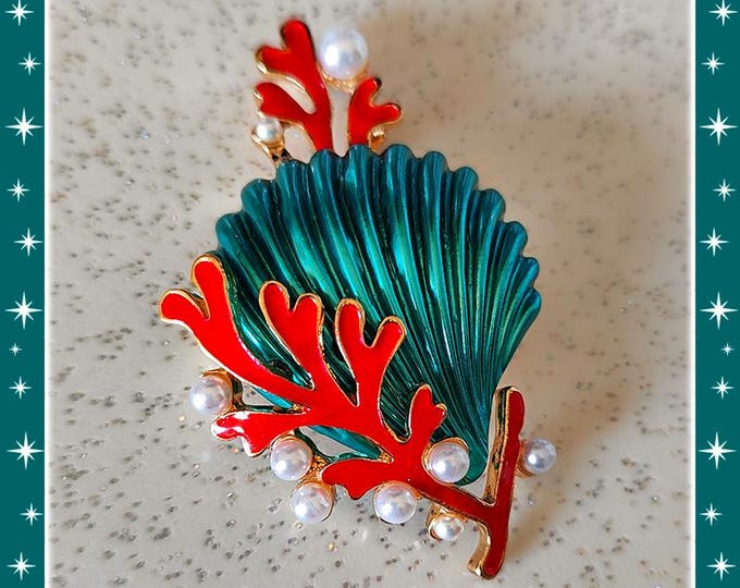 Shell, Coral & Pearl - Brooch - Seashell Brooch - Mermaid Brooch - Mermaid Jewelry - Shell Brooch - 50s Beach Brooch - Glitter Paradise®