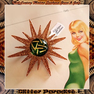 Mid-Century Modern Sunburst Gold and Green - Brooch - Star Brooch - Sun Brooch - 1950 - Sunburst Mirror - Starburst - Glitter Paradise®