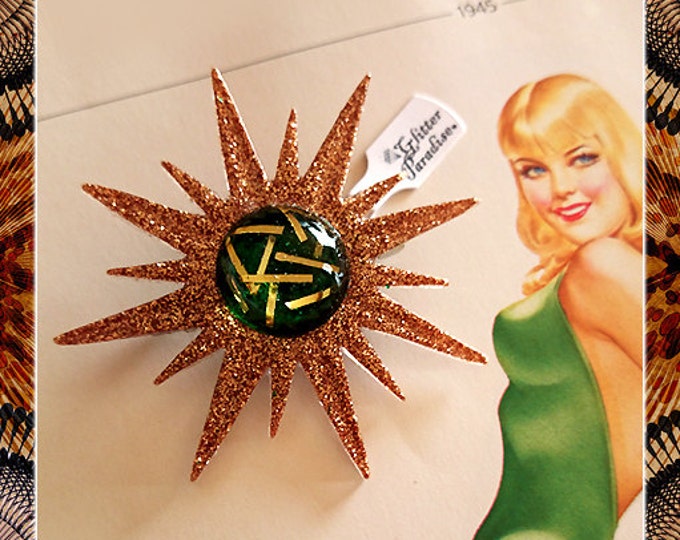 Mid-Century Modern Sunburst Gold and Green - Brooch - Star Brooch - Sun Brooch - 1950 - Sunburst Mirror - Starburst - Glitter Paradise®