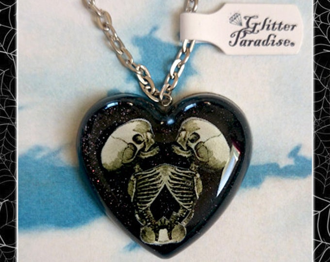 Siamese Skeleton Heart - Necklace - Skull - Baby Skeleton Twins - Black Heart - Cute & Dead - Freaks - Bones - Gothic - Glitter Paradise®