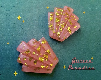 Giant Deco Shell Pink & Gold Flakes - Earrings - 50s Gold Foil Earrings - 1950's Lucite Earrings - Mid-Century Gold Foil - Glitter Paradise®