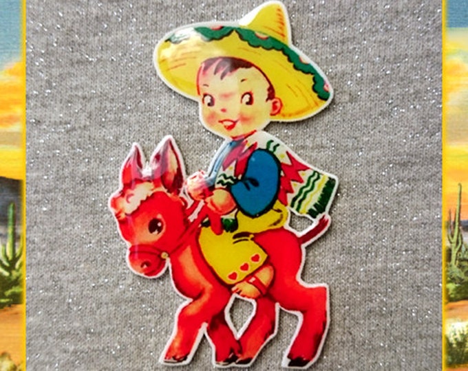 Charrito Cutie - Brooch - Vintage Valentines - 1940s 1950s Valentines - Mexico - Charro - Emiliano Zapata - Sombrero - Glitter Paradise®