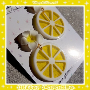 Citrus & Plumeria - Earrings - Lemon Jewelry - Orange Earrings - Retro Tropical - Hawaiian Jewelry - Plumeria Jewelry - Glitter Paradise®