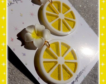 Citrus & Plumeria Earrings: Retro Tropical Lemon Jewelry