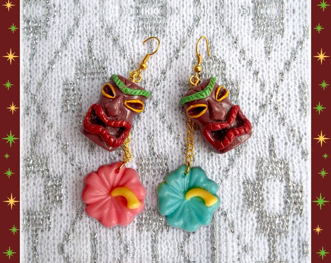 Tiki & Hibiscus - Earrings - Tiki Jewelry - Aloha - Oasis - Vintage Exotica - Hibiscus - Totem - Tropicana - Wahine - Glitter Paradise®