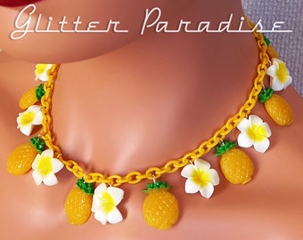 30s Celluloid Style Pineapple & Plumeria - Jewelry Set - Pineapple Earrings -Pineapple Necklace - 30s Vintage Celluloid - Glitter Paradise®