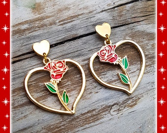 Corazon de Chingona - Boucles d'Oreilles - Créoles Latina - Mid-Century Modern - Créoles avec Roses - Bijoux Rétro Pinup - Glitter Paradise®