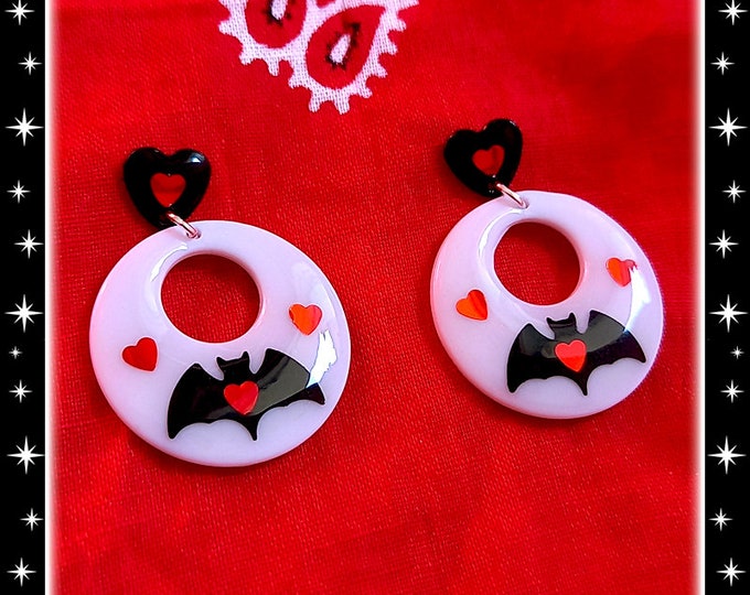 Baby Hoops Bat Love  - Earrings - Retro Halloween Jewelry - Retro Bats Earrings - Vintage Halloween - Ghoul Earrrings - Glitter Paradise®