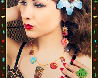 Tiki & Hibiscus - Necklace - Tiki Jewelry - Tiki Oasis - Hula Girl - Vintage Exotica - Hawaii Jewelry Tropical - Wahine - Glitter Paradise®