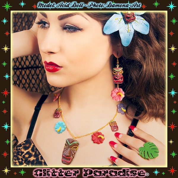 Tiki & Hibiscus - Necklace - Tiki Jewelry - Tiki Oasis - Hula Girl - Vintage Exotica - Hawaii Jewelry Tropical - Wahine - Glitter Paradise®