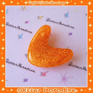 Atomic Boomerang Brooch: Mid-Century Modern Glitter Lucite Pin Orange