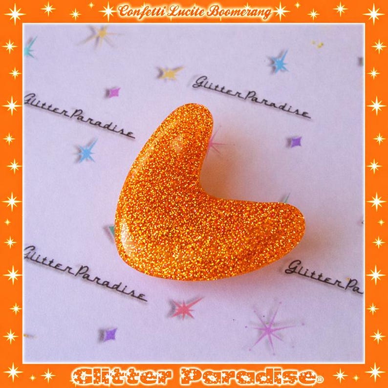 Atomic Boomerang Brooch: Mid-Century Modern Glitter Lucite Pin Orange