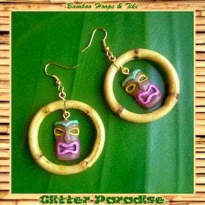 Natural Bamboo & Tiki - Earrings - Bamboo Root - Bamboo Hoops - Bamboo Jewelries - Tiki Earrings - 50&#39;s - Aloha - Retro - Glitter Paradise®