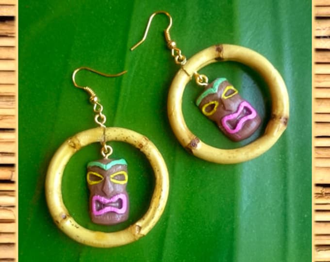 Natural Bamboo & Tiki - Earrings - Bamboo Root - Bamboo Hoops - Bamboo Jewelries - Tiki Earrings - 50's - Aloha - Retro - Glitter Paradise®