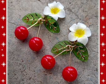 Hawaiian Cherry Earrings: Tropical Plumeria, Retro 50s Style