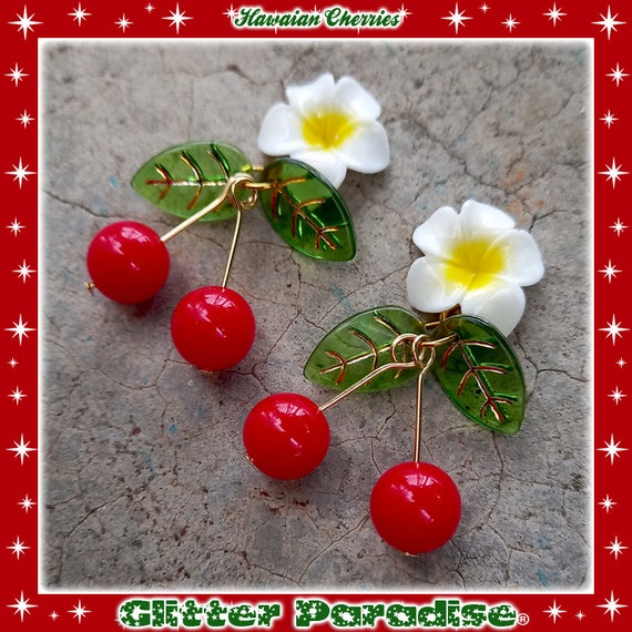 Hawaiian Cherry Earrings: Tropical Plumeria, Retro 50s Style