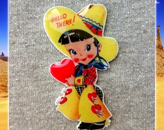 Cowgirl Cutie Brooch: Vintage Western Valentine, Resin-Coated (50 mm)