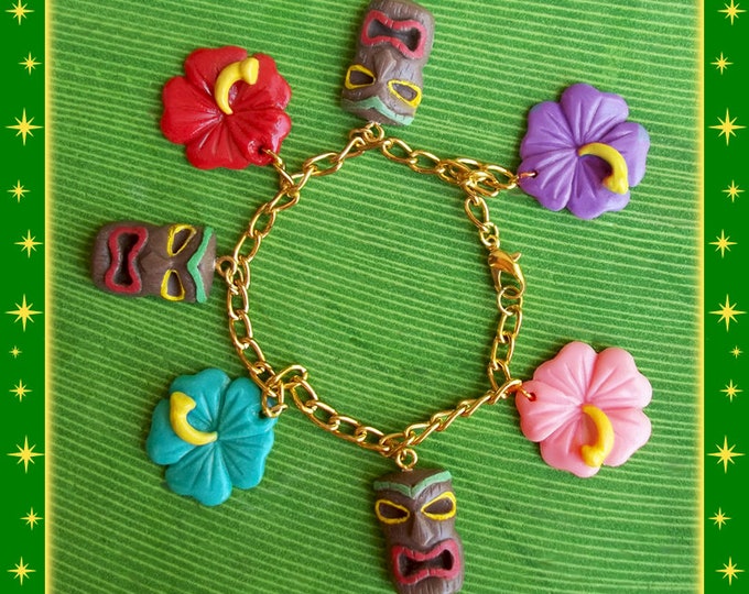 Tiki & Hibiscus - Bracelet - Tiki Jewelry - Tiki Oasis - Hula Girl - Vintage Exotica - Hawaii Jewelry Tropical - Wahine - Glitter Paradise®