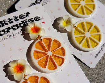 Citrus & Plumeria - Earrings - Lemon Jewelry - Orange Earrings - Retro Tropical - Hawaiian Jewelry - Plumeria Jewelry - Glitter Paradise®