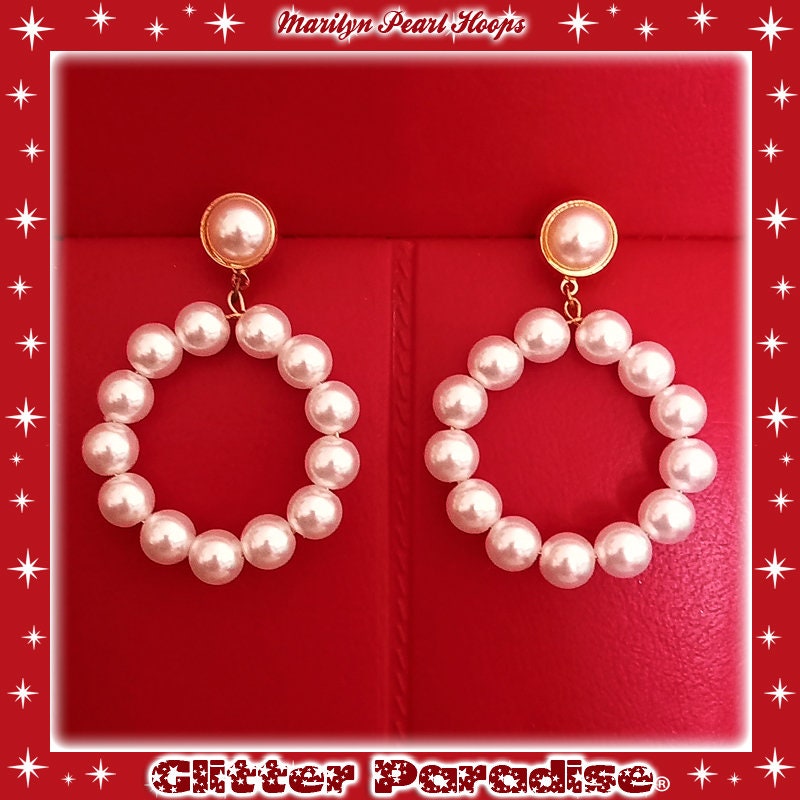 Marilyn Pearl Hoops - Earrings - 1950's Retro Hoops - Pearl Hoops Earrings  - Heart Pearls Earrings - Valentines Earrings - Glitter Paradise®