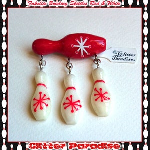 Fakelite Bowling Skittles Red & White - Brooch - Retro Bowling - Vintage Bowling - Bowling Jewelry - 1950s - Fakelite - Glitter Paradise®
