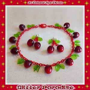 30s Celluloid Style Cherries - Necklace - Cherry Jewelry Set - Cherry Earrings - Cherry Necklace - 30s Vintage Celluloid - Glitter Paradise®