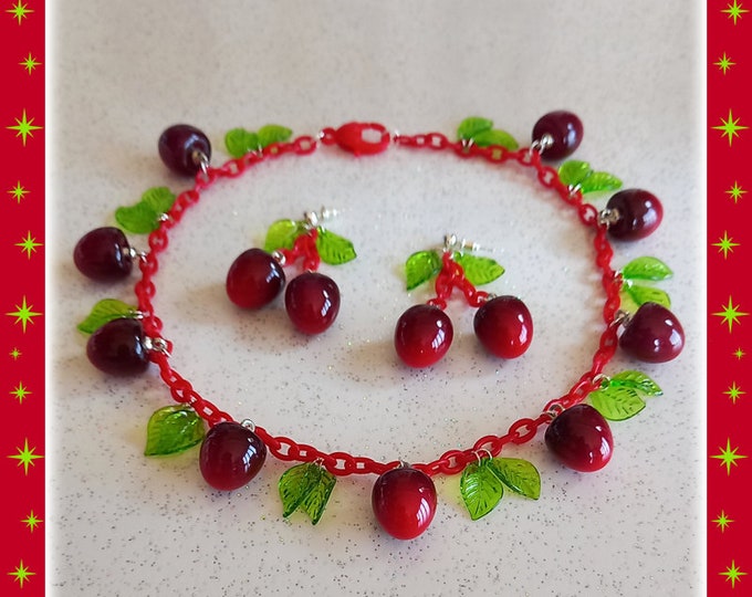 30s Celluloid Style Cherries - Necklace - Cherry Jewelry Set - Cherry Earrings - Cherry Necklace - 30s Vintage Celluloid - Glitter Paradise®