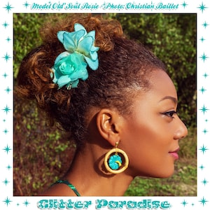 Natural Bamboo & Hibiscus - Earrings - Bamboo Hoops Earrings - Vintage Exotica Style - Hula Pinup Girl - Bamboo Jewelry - Glitter Paradise®