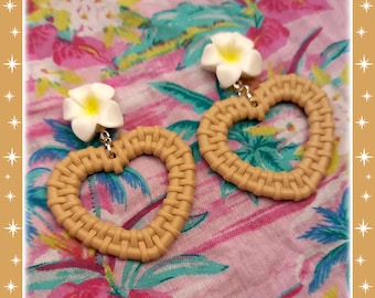 Rattan Love Plumeria - Earrings - Rattan Raffia Jewelry - Heart - Frangipani - Plumeria Earrings - Heart Rattan Jewelry - Glitter Paradise®