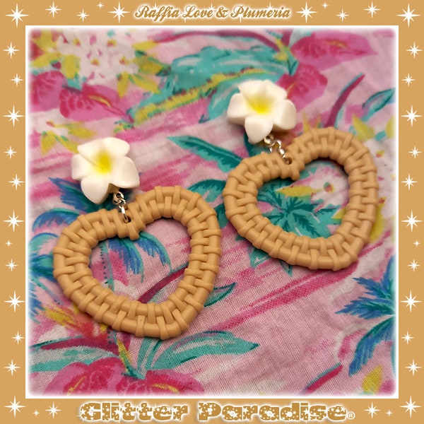 Rattan Love Plumeria - Boucles d'Oreilles - Bijoux coeur Fleur de Frangipanier - Bijoux en Raphia Rotin - Fleur de Tiaré - Glitter Paradise®