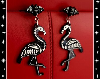 Dead Flamingos and Bats - Earrings - Skeleton Flamingo - Dark Gothic Jewelry - Psychobilly - Halloween - Ghoul Jewelry - Glitter Paradise®