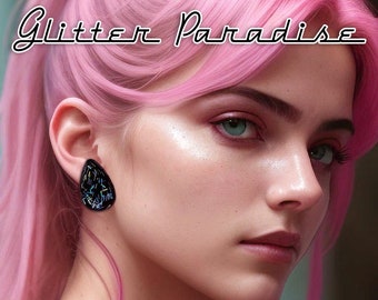 Lucite Drop Black & Tinsel - Earrings - Mid-Century Modern - Sparkles - Glitter - Vintage Inspired - Retro Jewelry - 50s - Glitter Paradise®