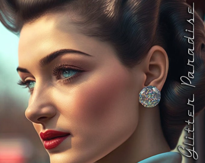 Tinsel Facet Dômes - Earrings - Holographic Glitter Earrings - Mid-Century Modern - 50s Retro Jewelry - Vintage Inspired - Glitter Paradise®