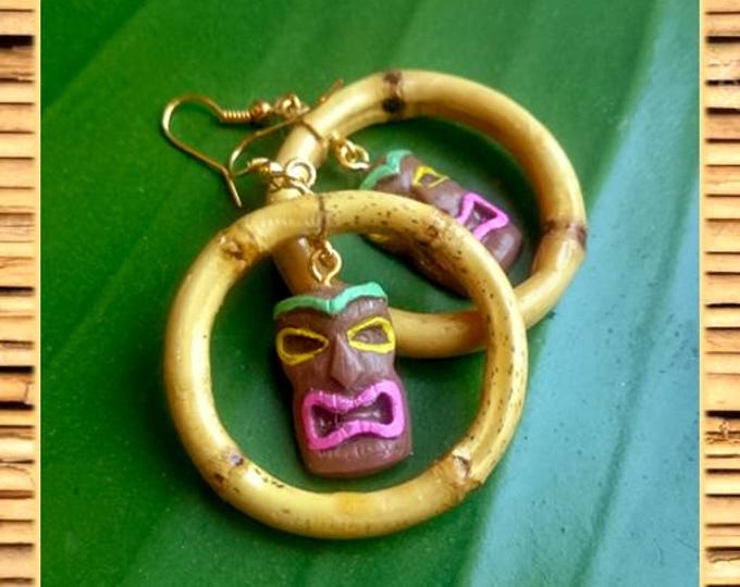 Natural Bamboo & Tiki - Earrings - Bamboo Earrings - Bamboo Hoops - Bamboo Jewelry - Tiki Earrings - 50's - Retro - Glitter Paradise®