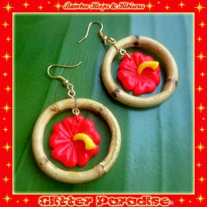 Natur Bambus & Hibiskus - Ohrringe - Bambus Ohrringe - Bambus Creolen - Bambus Schmuck - Bananen Ohrringe - 50er Jahre - Retro - Glitter Paradise®