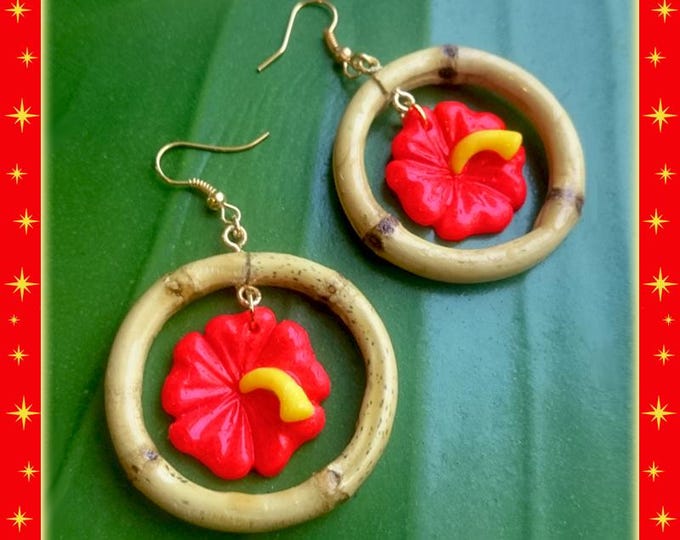 Natural Bamboo & Hibiscus - Earrings - Bamboo Earrings - Bamboo Hoops - Bamboo Jewelry - Bananas Earrings - 50s - Retro - Glitter Paradise®