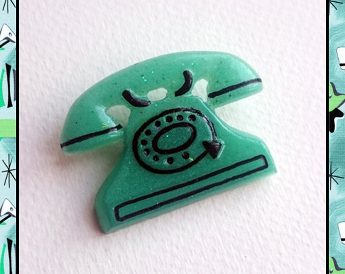 Fakelite Retro Phone Bottle Green - Brooch - 50s - 60s - Mid-Century Modern - Fake Celluloid - Retro Jewelry - Telephone - Glitter Paradise®