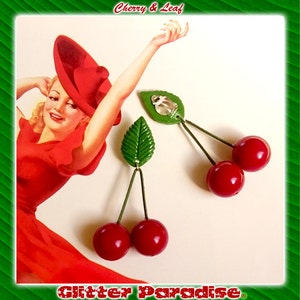 Cherry & Leaf Earrings Cherries Cherry Earrings Retro Pinup Rockabilly Jewelry Cherry Jewelry Red Cherries Glitter Paradise® image 6