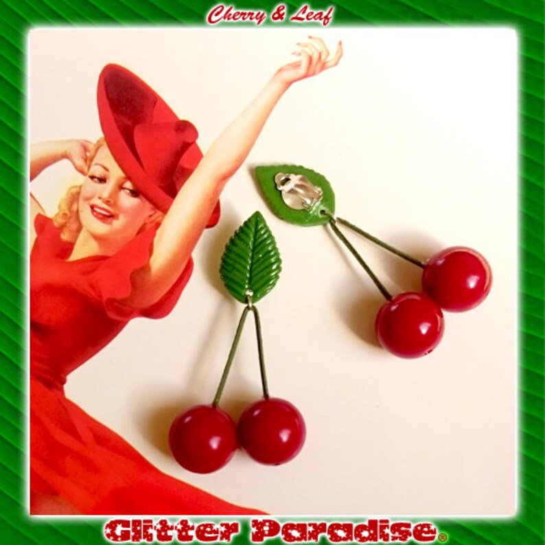 Cherry & Leaf Earrings Cherries Cherry Earrings Retro Pinup Rockabilly Jewelry Cherry Jewelry Red Cherries Glitter Paradise® image 6