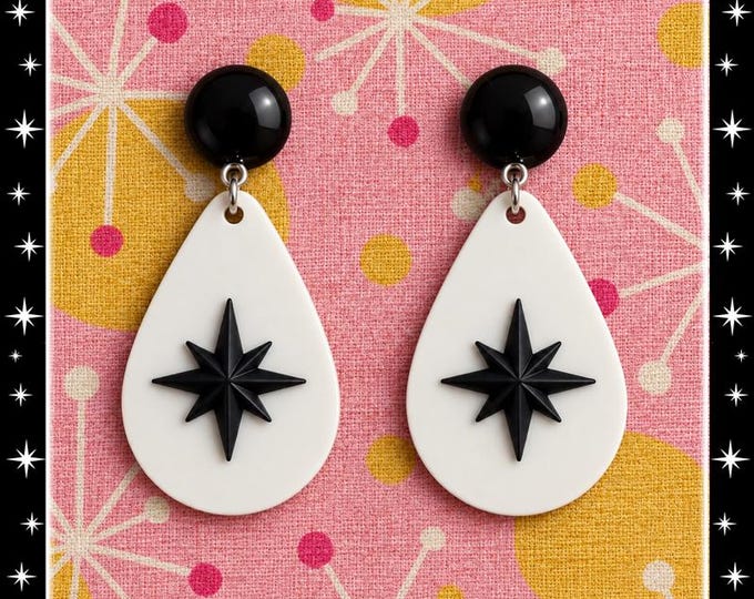Starlite Motel Drop Black - Earrings - Starburst - Retro Star - Motel Stars - Retro Motel Star - 50s Mid-Century Modern - Glitter Paradise®