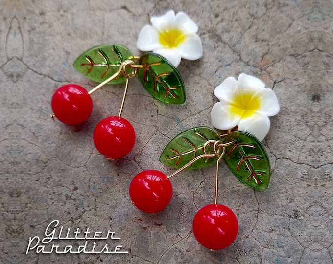 Hawaiian Cherries - Earrings - Tropical - Carmen Miranda - Plumeria Jewelry - Vintage Exotica - Tutti Frutti - Retro 50s - Glitter Paradise®
