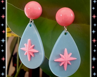 Starlite Motel Drop Pink and Teal - Earrings - Starburst - Retro Star - 50s Motel Sign Retro Stars -  Mid-Century Modern - Glitter Paradise®