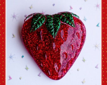 Lucite Glitter Strawberry Brooch: Handmade Fruity Jewelry