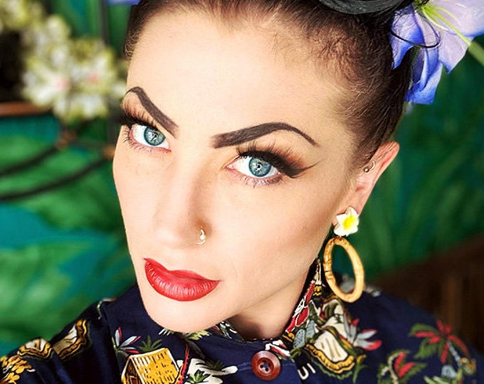 Bamboo & Plumeria Hoops - Earrings - Bamboo Hoops Earrings - Vintage Exotica Style - Hula Pinup Girl - Bamboo Jewelry - Glitter Paradise®