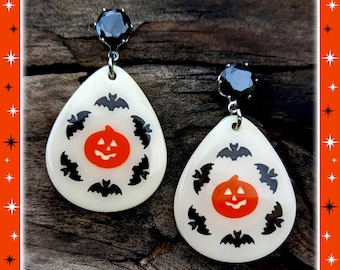 Kürbis Fledermaus Kult Drop - Boucles d'Oreilles - Bijoux Citrouille - Halloween Rétro - Bijoux Rétro Pinup - Bijoux en Coeur - Glitter Paradise®