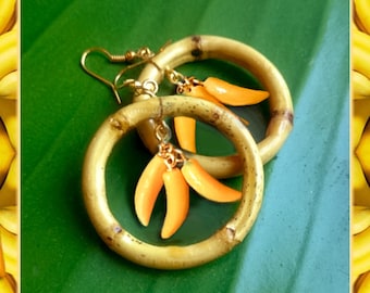 Natural Bamboo & Bananas - Earrings - Bamboo Earrings - Bamboo Hoops - Bamboo Jewelry - Bananas Earrings - 50's - Retro - Glitter Paradise®