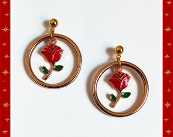 Gold Hoops with Red Rose Earrings - Latina Love Jewelry