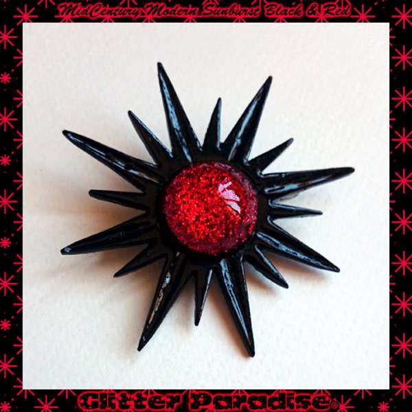 Mid-Century Modern Sunburst Black & Red - Broche - Mid-Century Modern - Broche Soleil - 1950 - Miroir de Sorcière - Glitter Paradise®